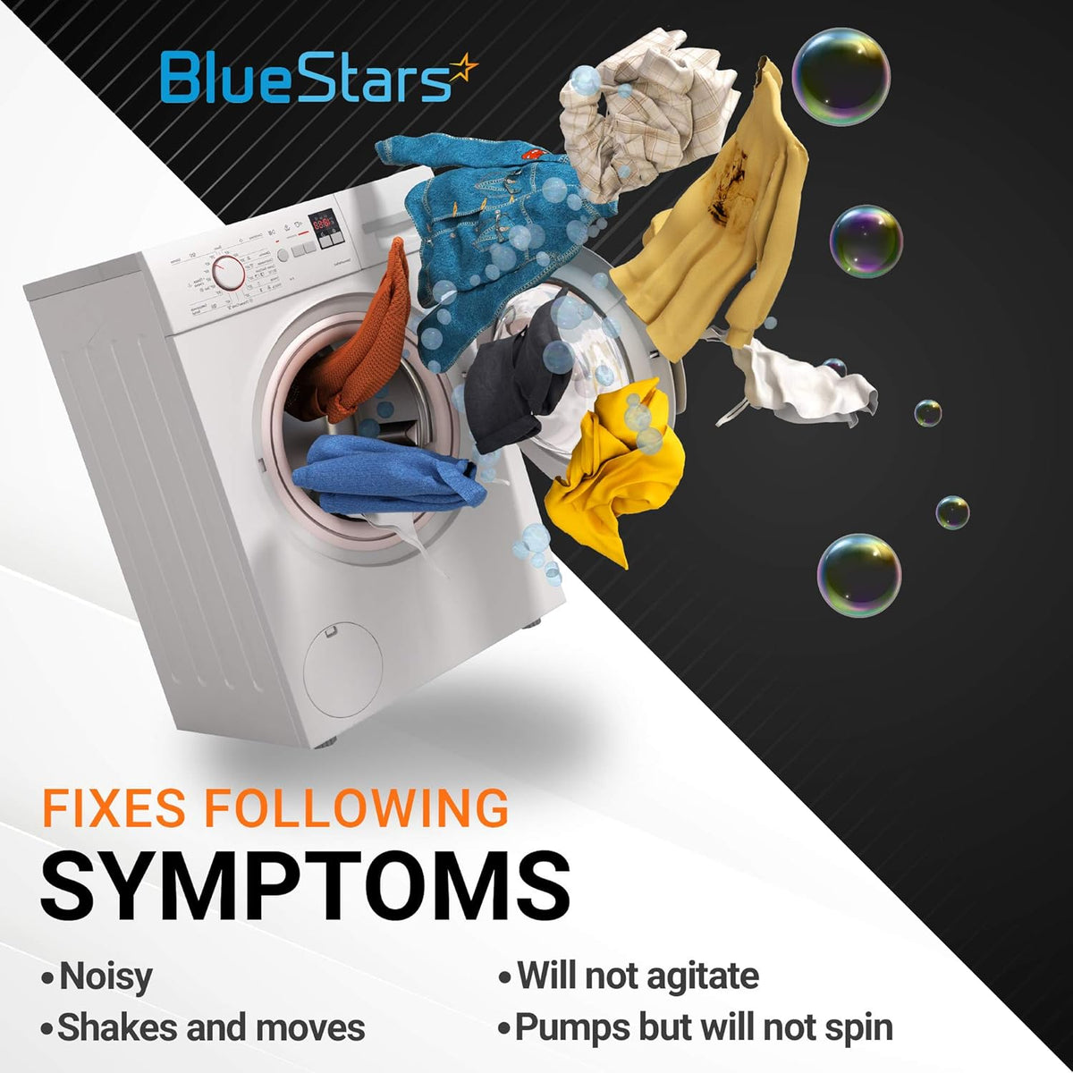 BlueStars graphic showing GE washing machine symptoms fixed by WH49X10042 agitator coupler kit.