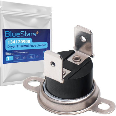 134120900 Dryer Thermal Fuse Limiter shown with BlueStars packaging and two metal mounting tabs