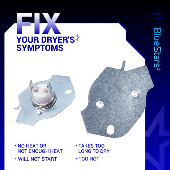 Two views of the 3977393 dryer thermal fuse showing front and back mounting plate details.