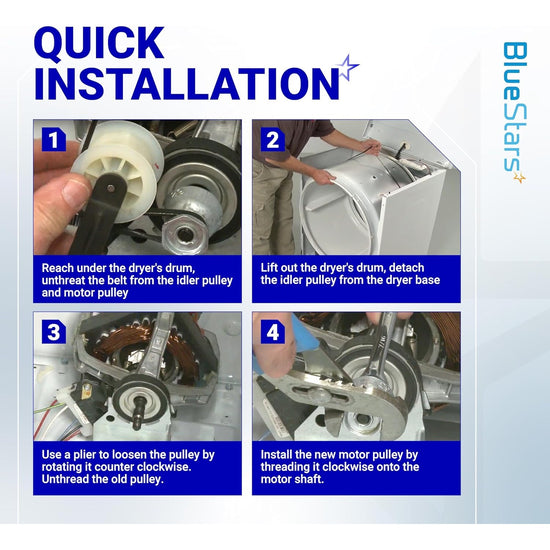 Four-step installation guide for replacing a dryer motor pulley on Whirlpool, Kenmore, and Maytag dryers.