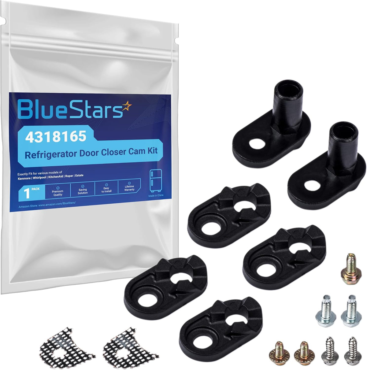 4318165 refrigerator door closer cam kit with black plastic cams, metal screws, and branded packaging.