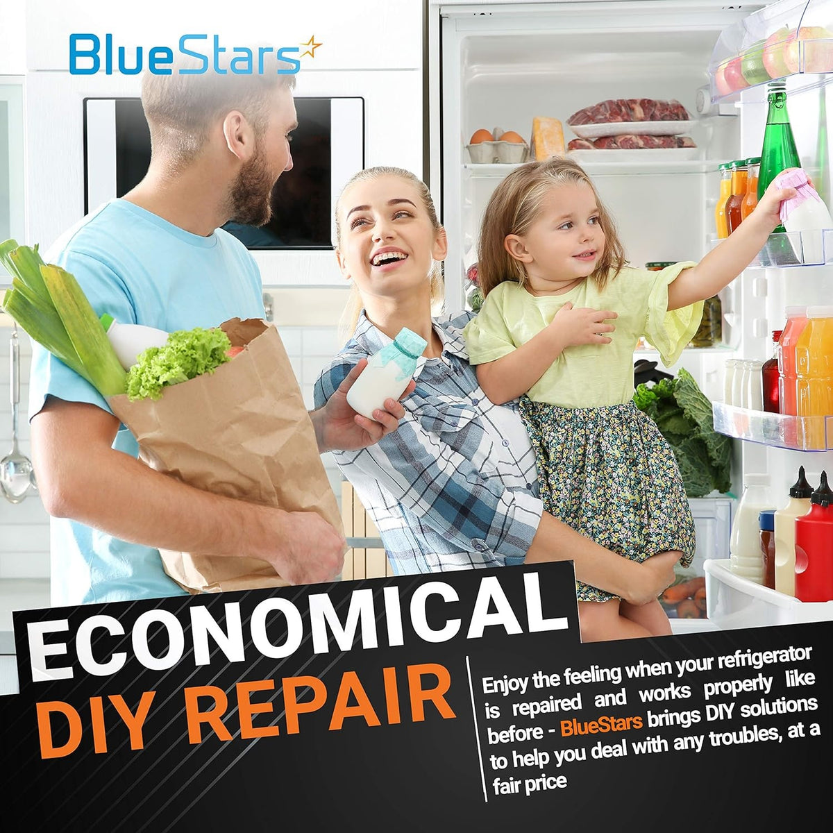 Family smiling in front of a refrigerator with text overlay promoting economical DIY refrigerator repair solutions.