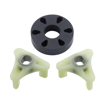 Metal core motor coupling kit with two plastic drive forks and a black rubber center for Kenmore Whirlpool washers.