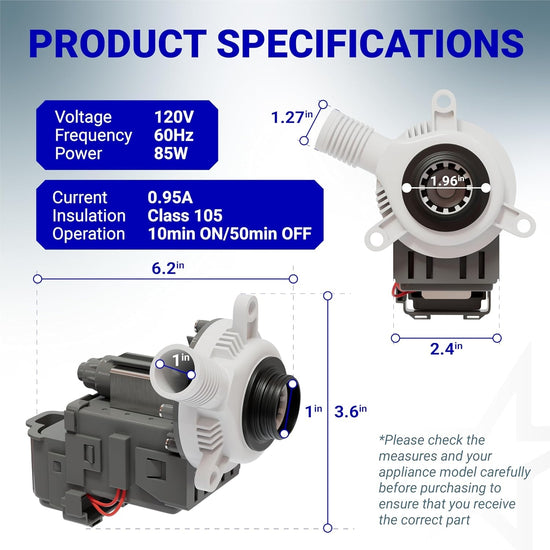 W10276397 washer drain pump technical specification diagram with dimensions and electrical ratings.
