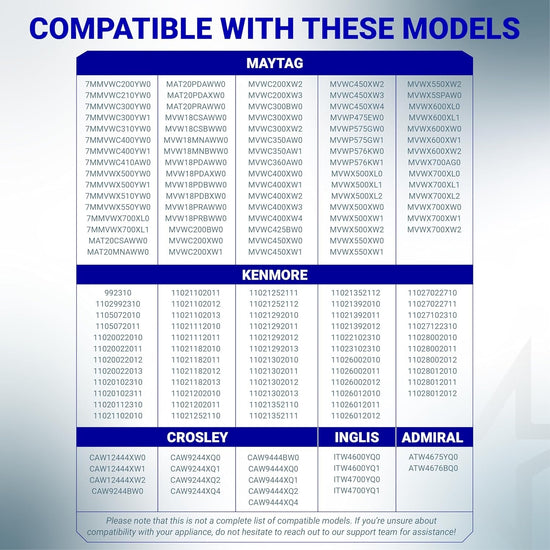 Compatibility chart for W10276397 washer drain pump listing compatible Maytag, Kenmore, Crosley, Inglis, and Admiral models.