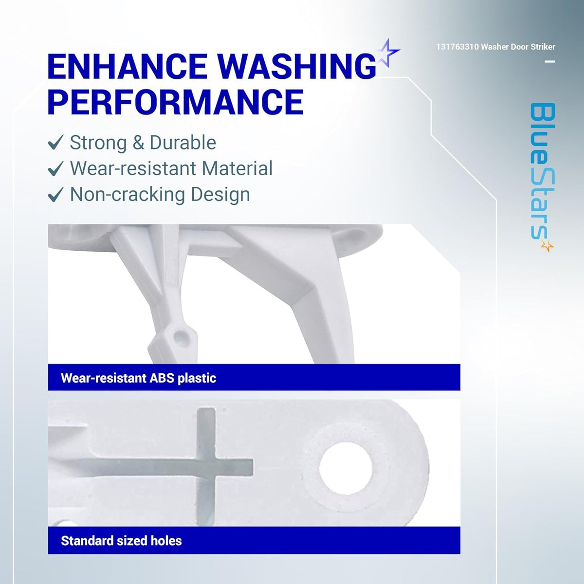 Infographic showing close-up details of 131763310 washer door striker made of wear-resistant ABS plastic.