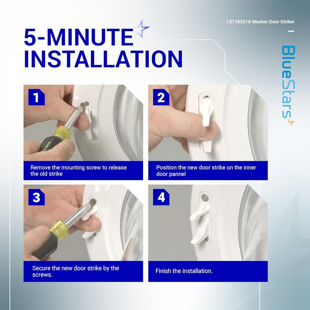 Installation guide showing 4 steps to replace a 131763310 washer door striker on Frigidaire and Kenmore appliances.