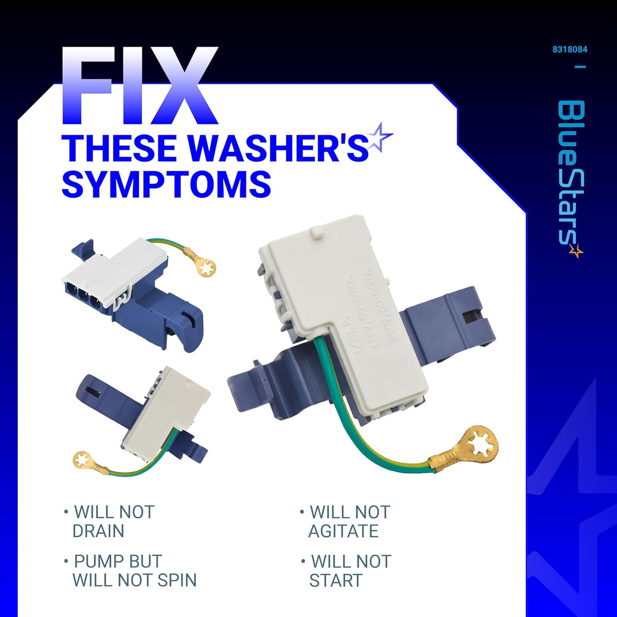Replacement washer door lid switch for Whirlpool, Roper, Estate, and Kenmore washing machines.