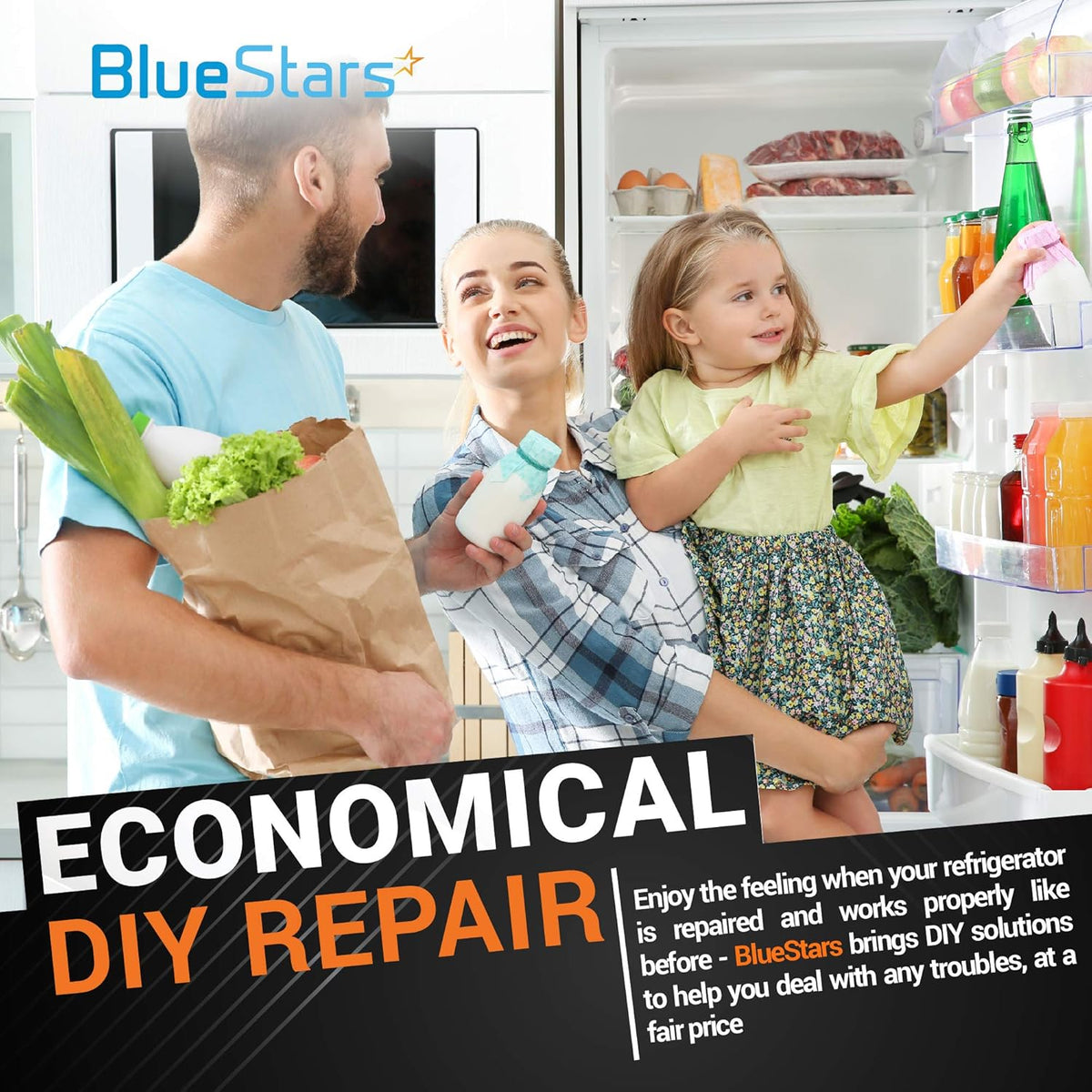 BlueStars promotional graphic for refrigerator repair parts featuring a family in the kitchen.