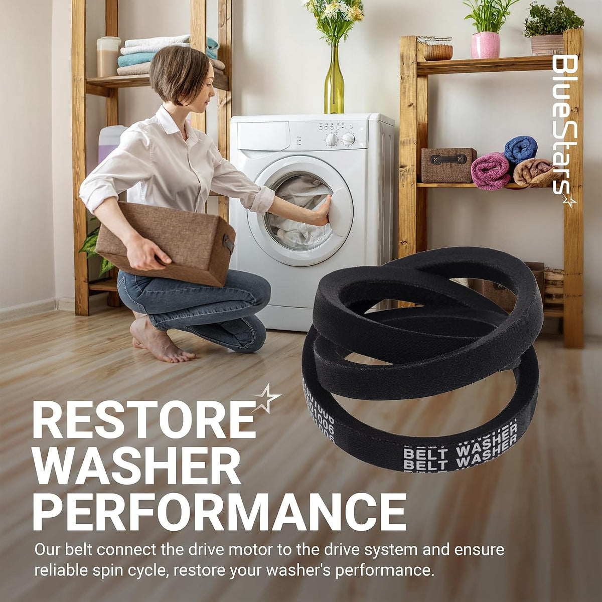27001006 Washer Drive Belt shown in front of a front-loading washer