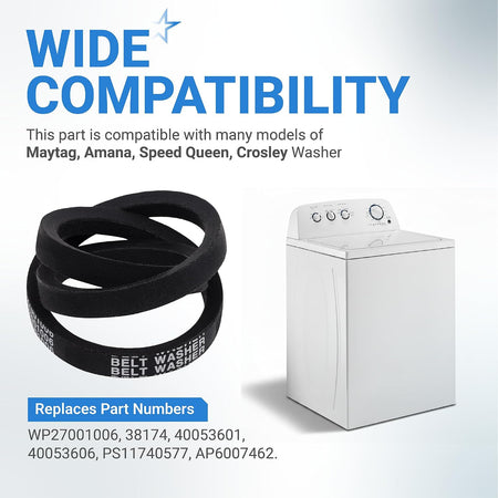 27001006 Washer Drive Belt compatibility graphic showing the belt, a top-load washer, and replacement part numbers