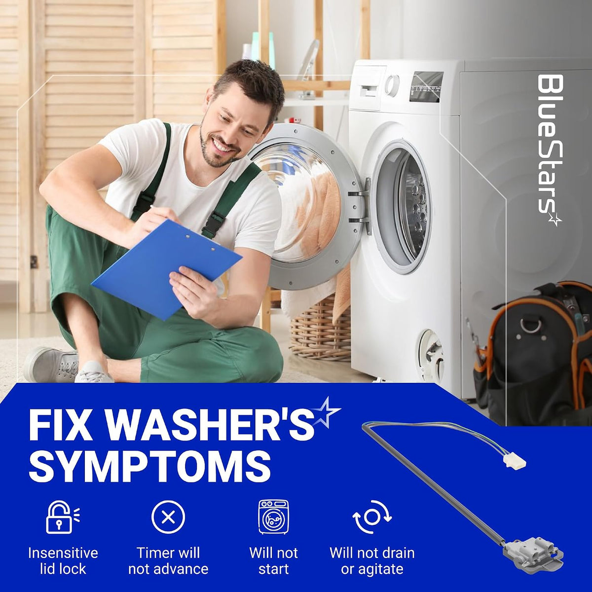 285671 Washer Lid Switch marketing graphic showing the switch, washer, repairman, and listed washer symptoms