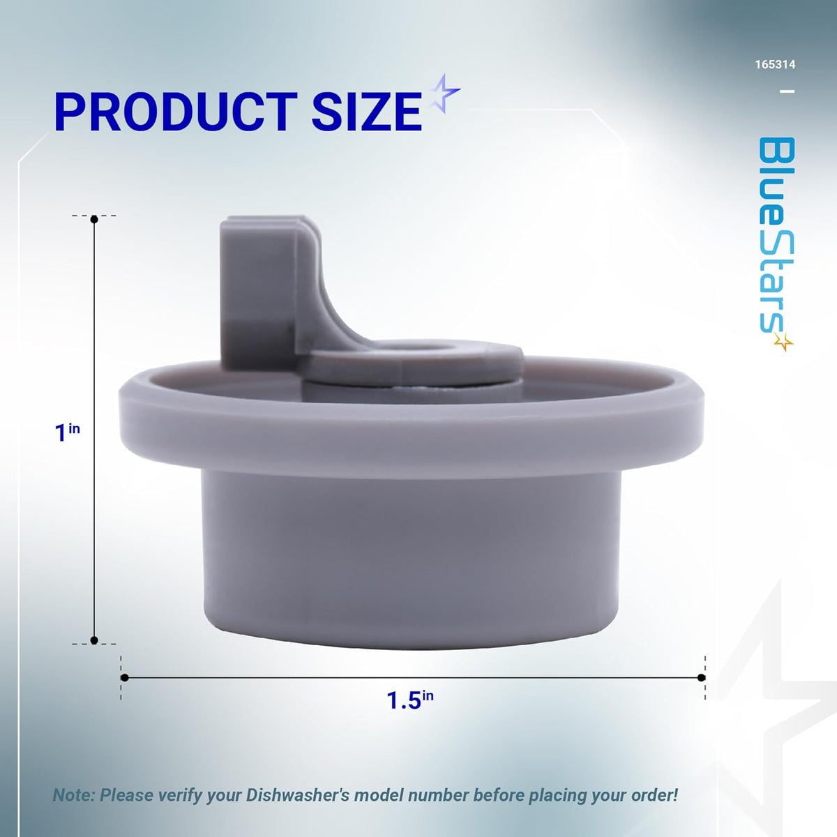 165314 dishwasher lower rack wheel showing 1-inch height and 1.5-inch width dimensions for Bosch and Kenmore models.