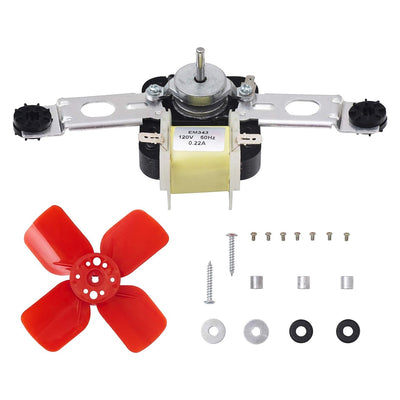 Refrigerator evaporator fan motor kit with red fan blade, mounting bracket, and hardware for Whirlpool and Kenmore.