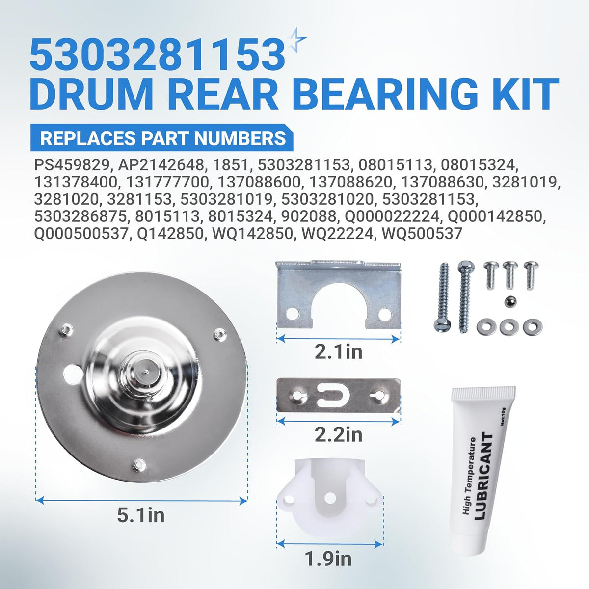 5303281153 & 134503600 Dryer Rear Bearing kit with parts, hardware, lubricant, and dimensions diagram