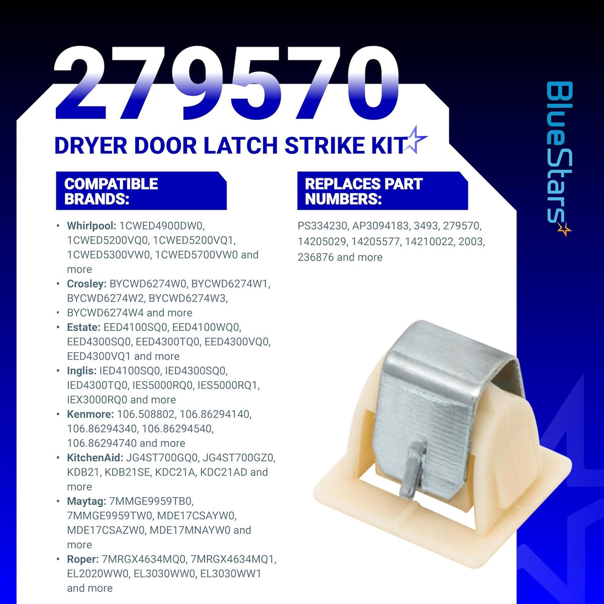 279570 dryer door latch strike replacement part with metal clip and beige plastic base on compatibility info background.