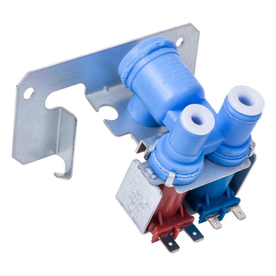 WR57X10051 dual inlet water valve for GE, Hotpoint, and Kenmore refrigerators with mounting bracket.