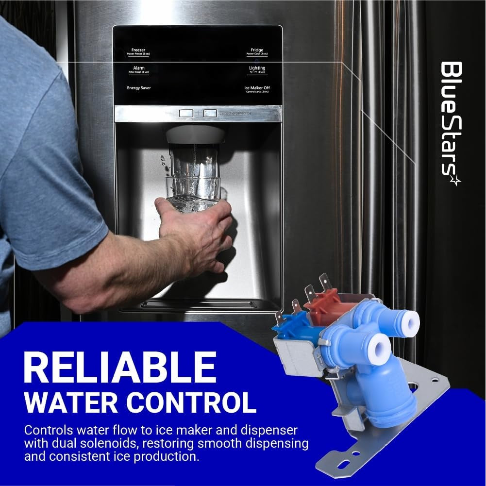 WR57X10051 dual inlet water valve for GE, Hotpoint, and Kenmore refrigerators shown with dispenser usage graphic.