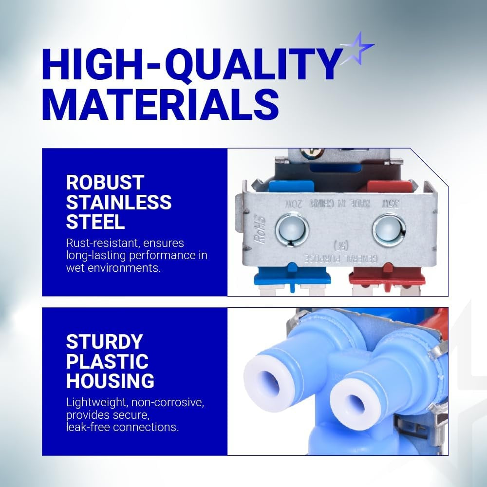 Infographic showing stainless steel and plastic housing components of the WR57X10051 refrigerator dual water inlet valve.