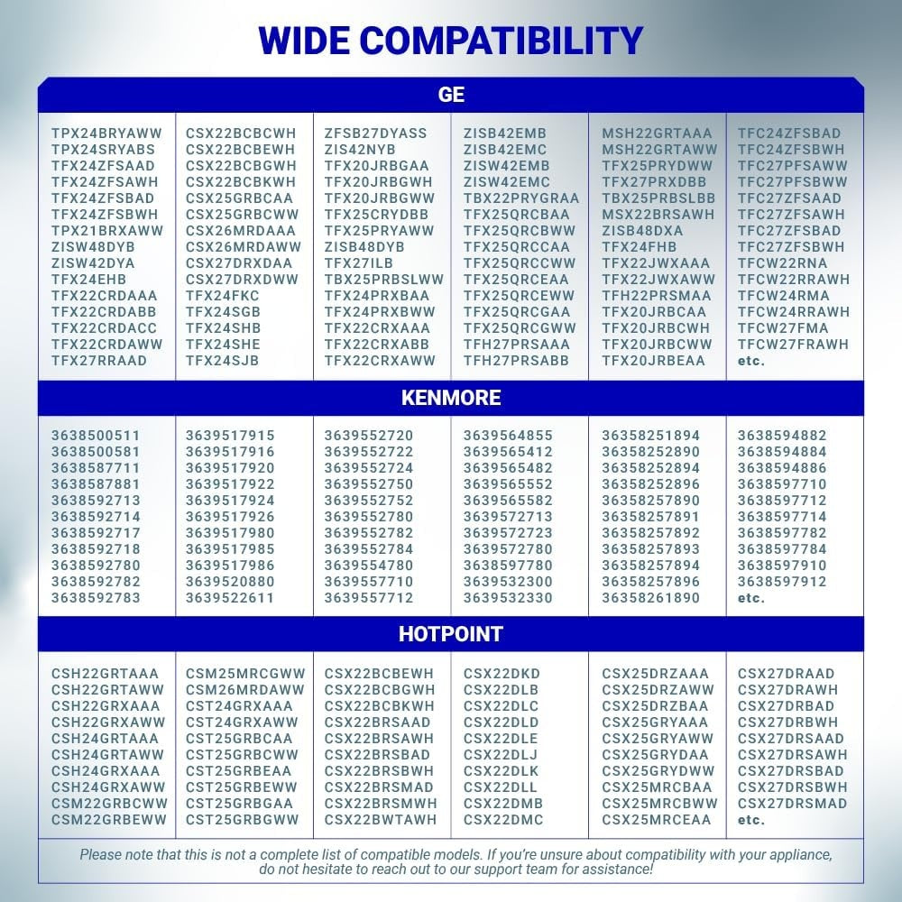 Compatibility chart for WR57X10051 refrigerator water valve listing GE, Kenmore, and Hotpoint model numbers.
