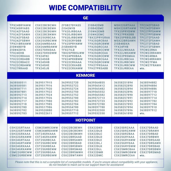 Compatibility chart for WR57X10051 refrigerator water valve listing GE, Kenmore, and Hotpoint model numbers.