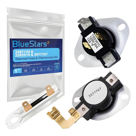 Replacement dryer thermal fuse and thermostat kit for Whirlpool, Kenmore, and Maytag dryers with packaging.