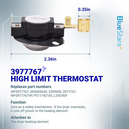 3977767 High-Limit Thermostat shown with dimension diagram marking 2.36-inch width and 0.35-inch terminal spacing