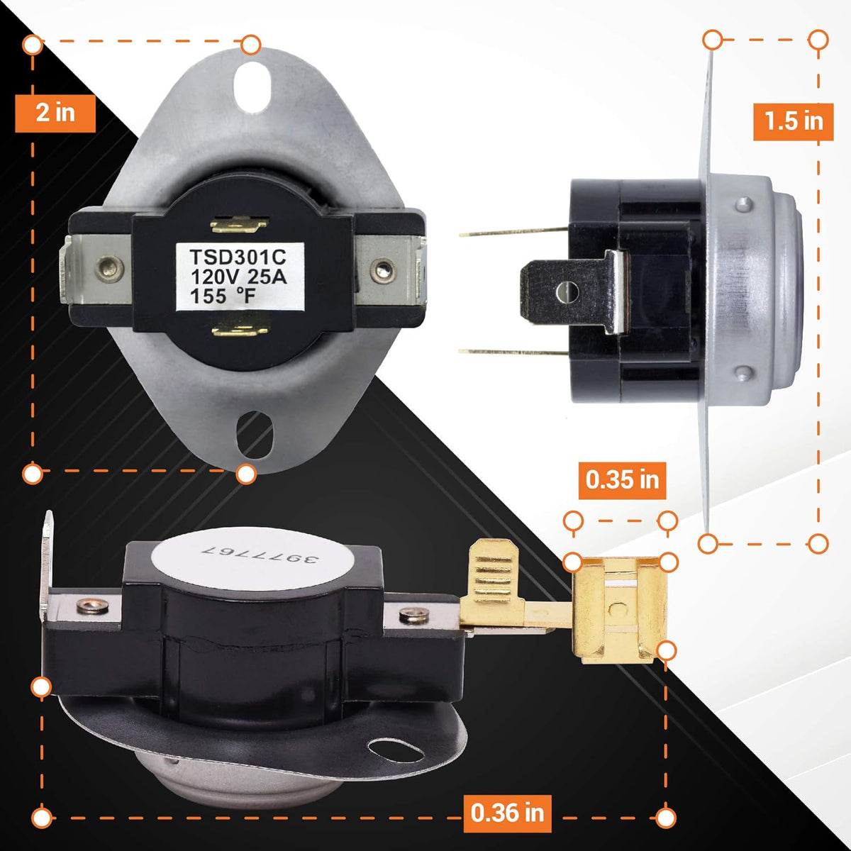 3977767 high-limit dryer thermostat with dimensions shown from multiple angles for Whirlpool and Kenmore compatibility.