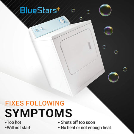 White clothes dryer showing symptoms fixed by replacement thermostat and thermal fuse parts.