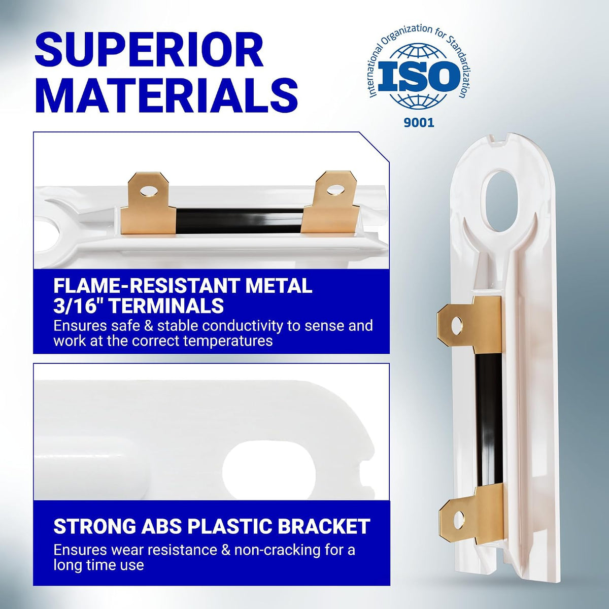 3387134 Cycling Thermostat showing flame-resistant metal terminals and a strong ABS plastic bracket