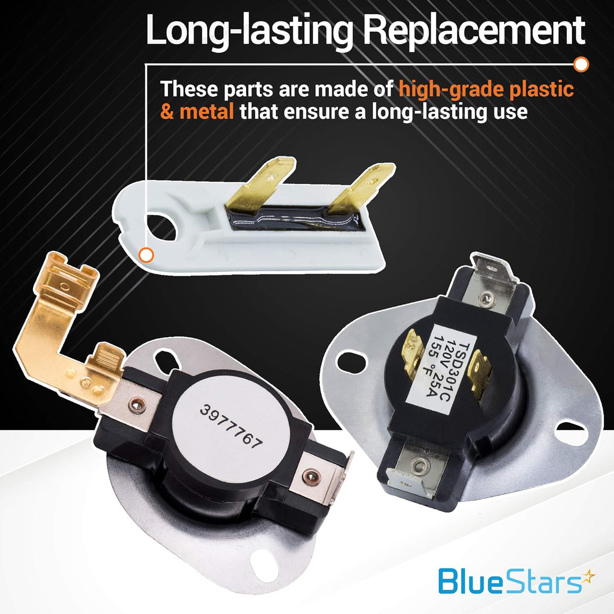 Replacement dryer thermal fuse and thermostats for Whirlpool, Kenmore, and Maytag dryers.