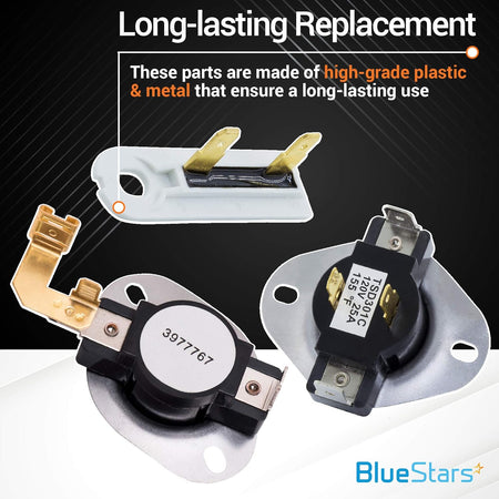 Replacement dryer thermal fuse and thermostats for Whirlpool, Kenmore, and Maytag dryers.