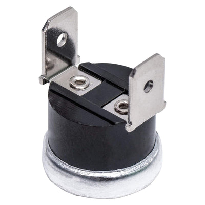 Dishwasher high limit thermostat replacement part with two metal terminals.