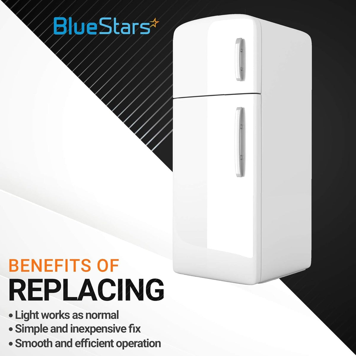 Graphic showing a white refrigerator with text highlighting the benefits of replacing a door push button switch.
