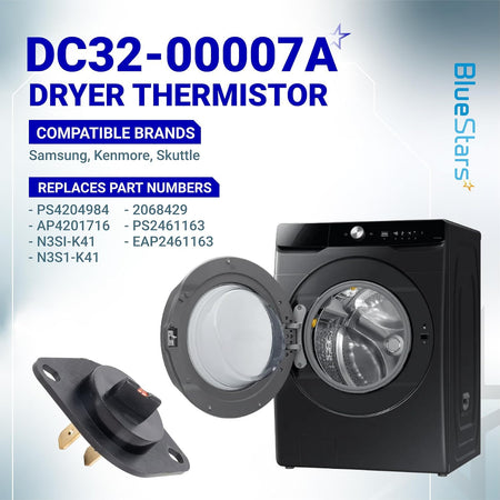 DC32-00007A Dryer thermistor graphic showing the replacement part beside an open front-loading dryer