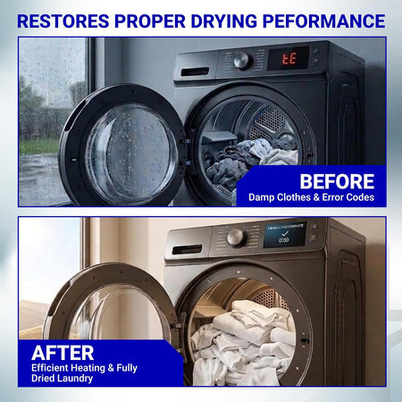 DC32-00007A Dryer Thermistor Replacement, before-and-after dryer graphic showing damp laundry, error codes, and dried laundry