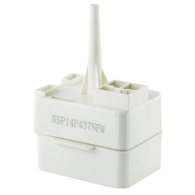 White refrigerator compressor relay and overload replacement part for Whirlpool and Kenmore refrigerators.