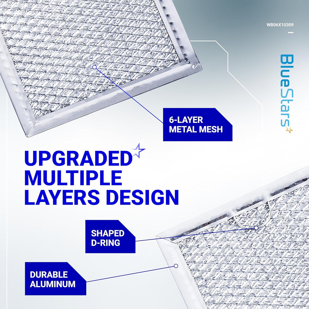 Close-up of WB06X10309 microwave grease filter showing 6-layer metal mesh, aluminum frame, and D-ring handle design.