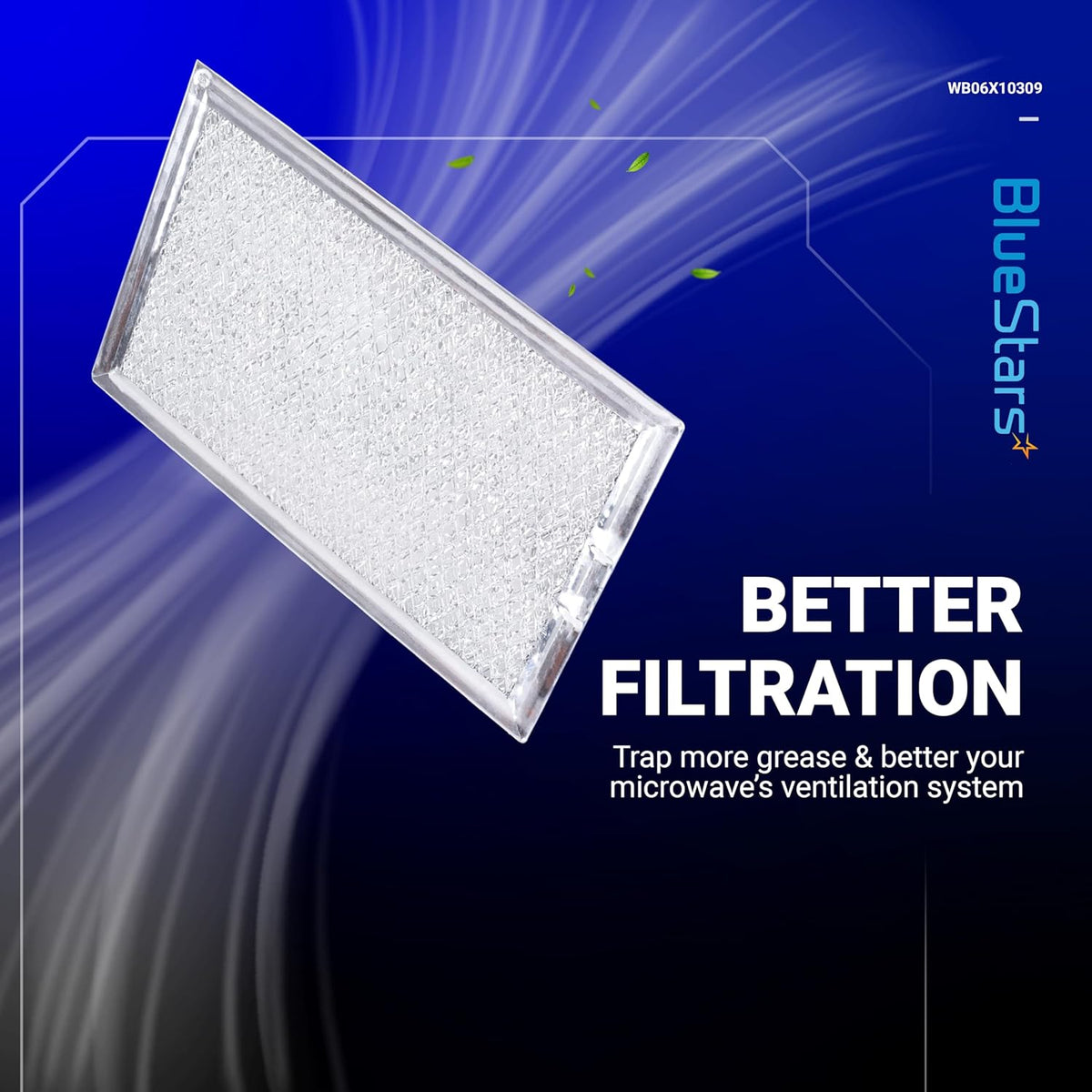 Single WB06X10309 microwave grease filter replacement on a blue promotional background.