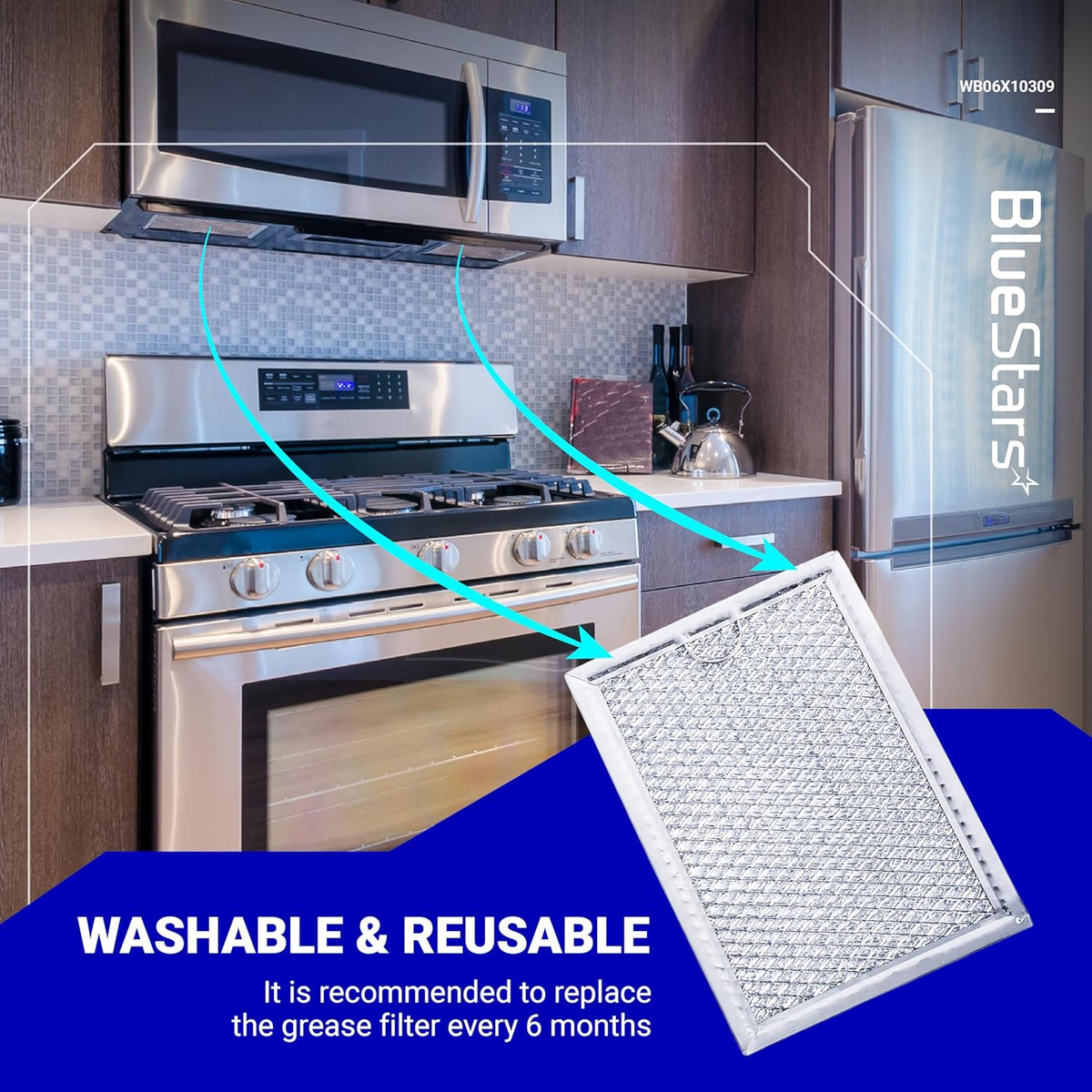 WB06X10309 microwave grease filter shown installed in an over-the-range vent hood with a close-up of the mesh filter.