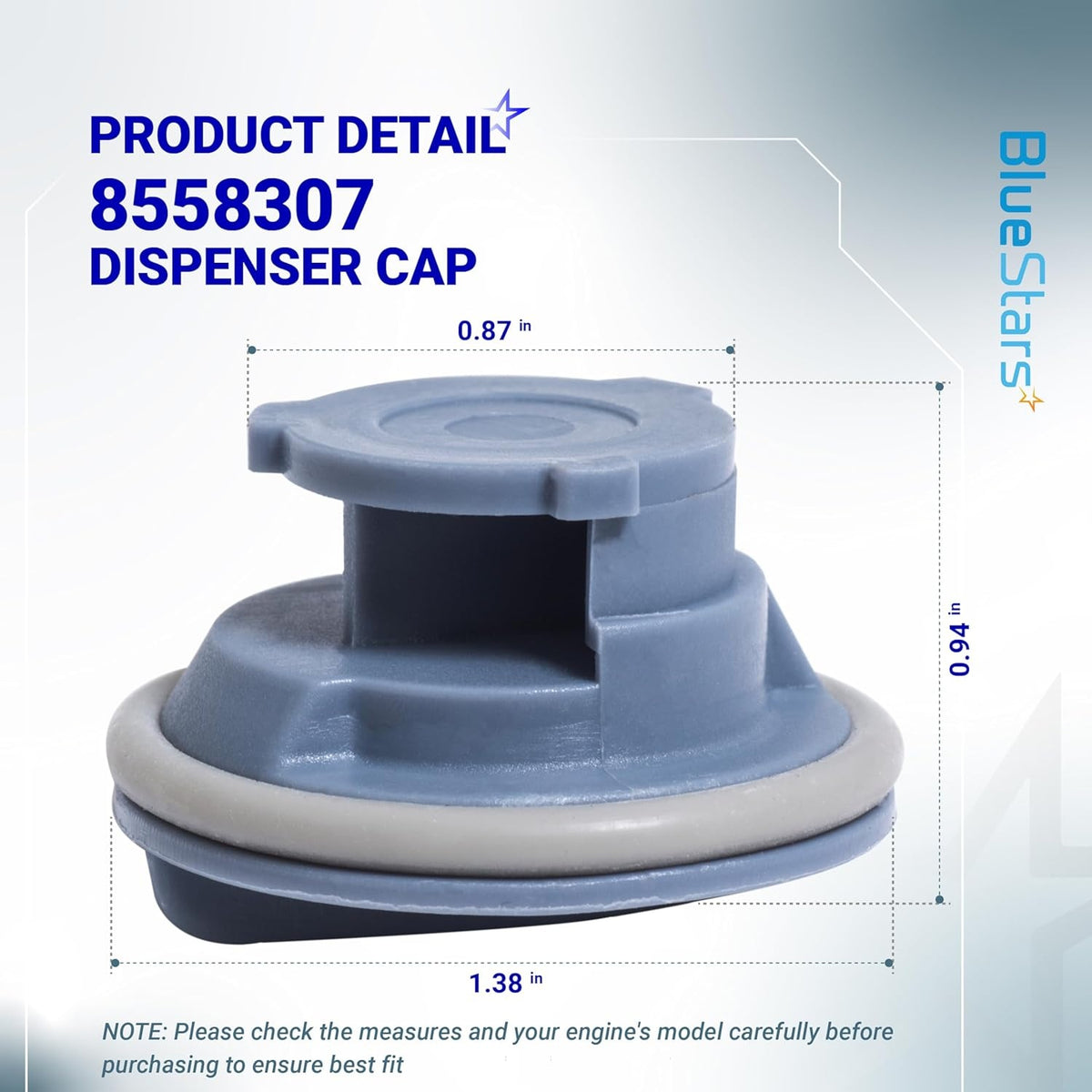 8558307 dishwasher dispenser cap with dimensions shown for Whirlpool and Kenmore compatibility.