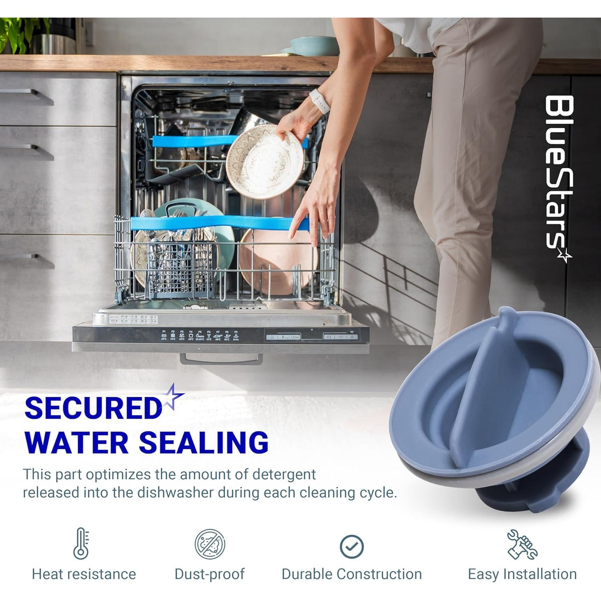 Dishwasher detergent dispenser cap for Whirlpool and Kenmore dishwashers with secured water sealing design.