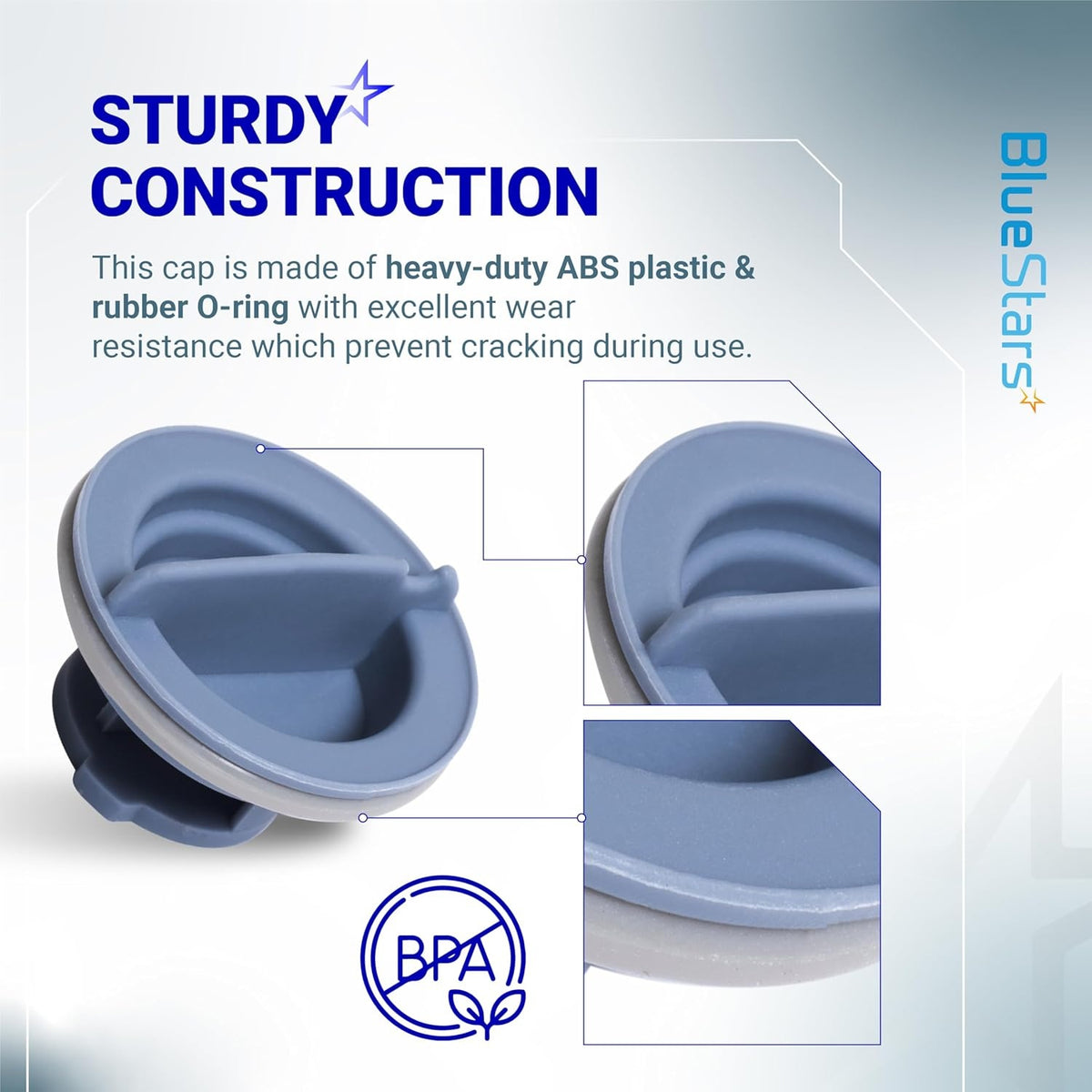 Infographic showing the sturdy ABS plastic construction and rubber O-ring of the 8558307 dishwasher dispenser cap.
