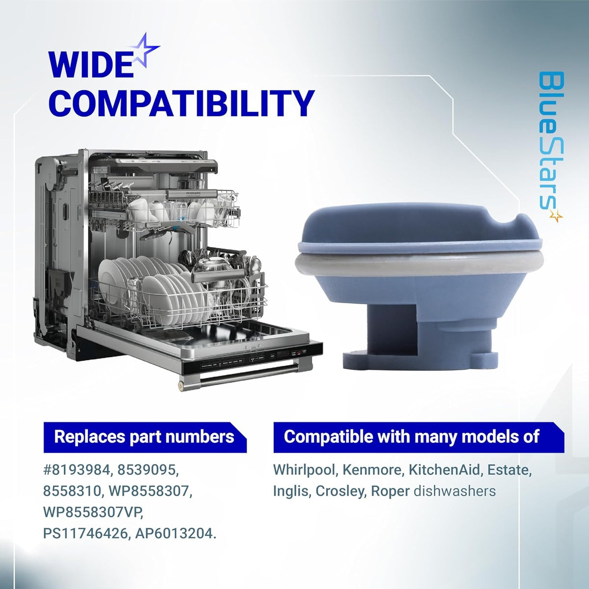 8558307 dishwasher detergent dispenser cap replacement for Whirlpool and Kenmore dishwashers with compatibility chart.