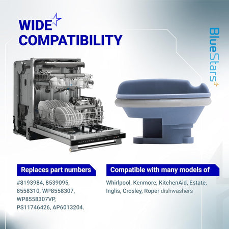 8558307 dishwasher detergent dispenser cap replacement for Whirlpool and Kenmore dishwashers with compatibility chart.