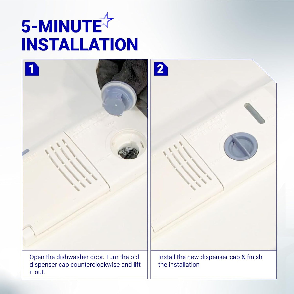 Two-step installation guide for Whirlpool and Kenmore dishwasher rinse aid dispenser cap replacement.