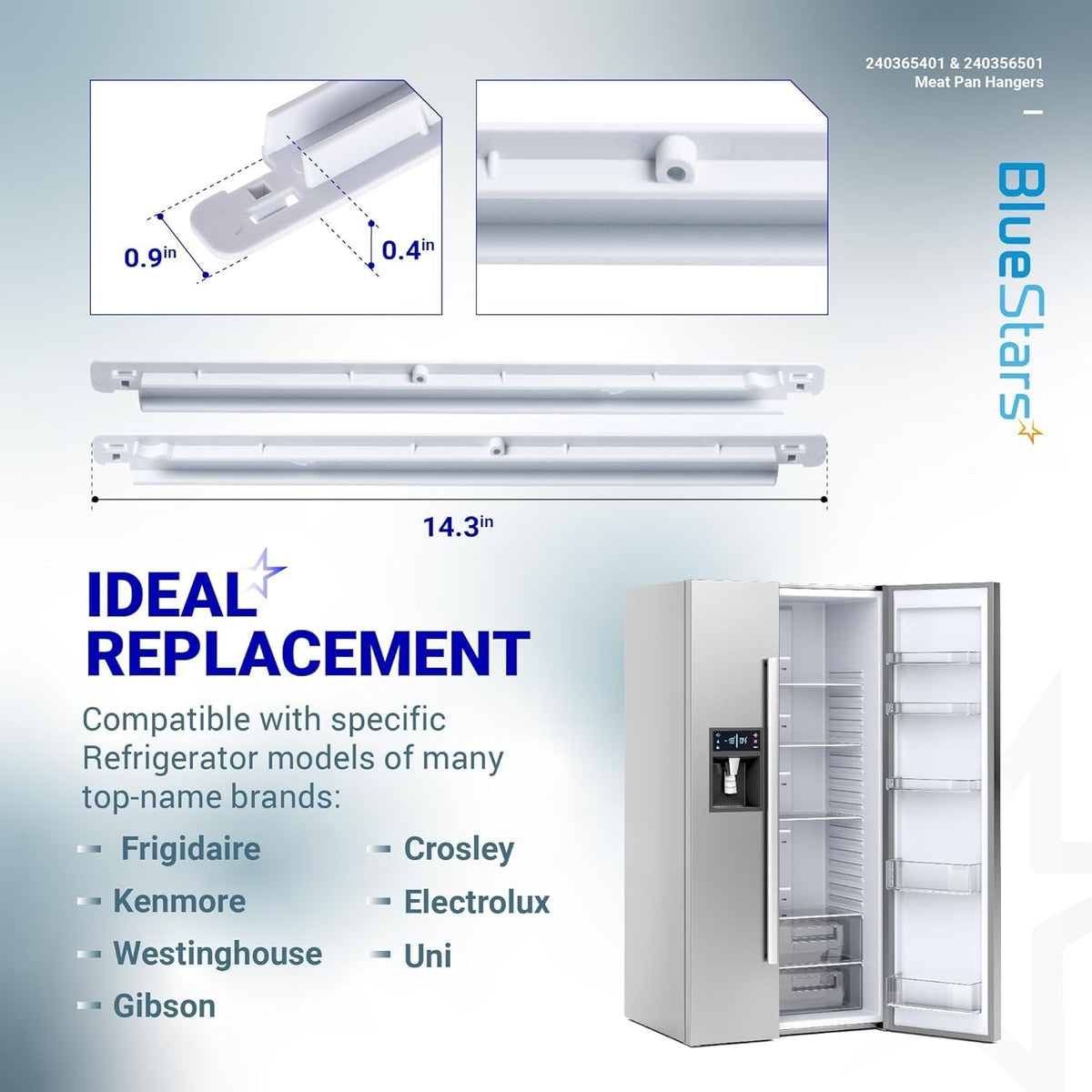 Set of two white refrigerator meat pan hangers with dimensions for Frigidaire and Kenmore replacement.