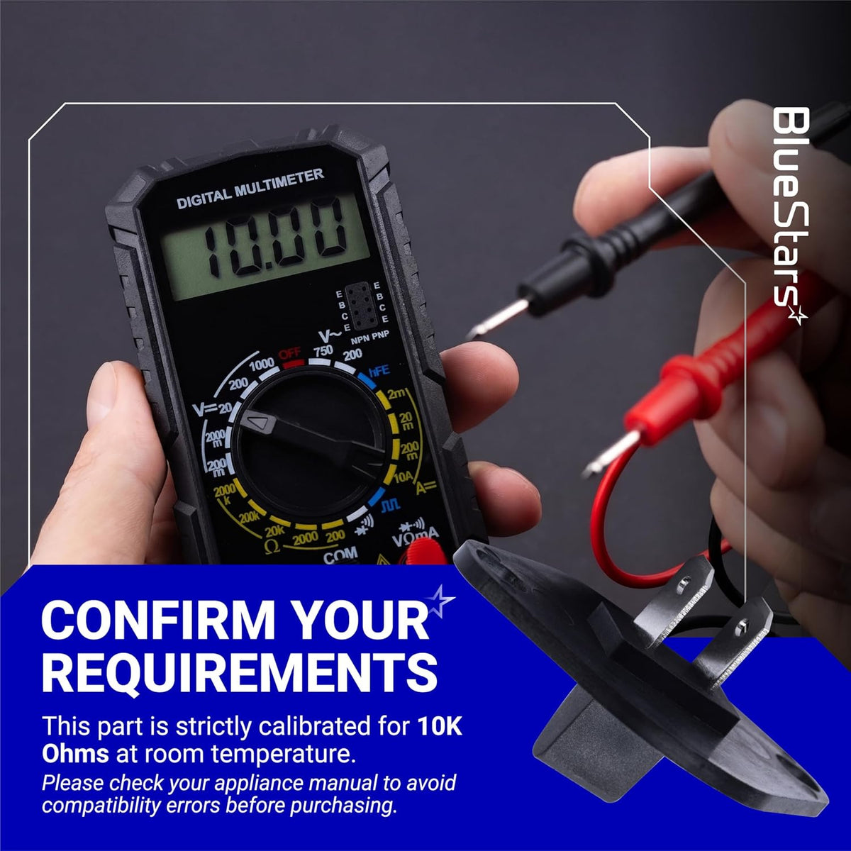 134587700 Dryer Control Thermistor tested with a digital multimeter; graphic states 10K ohms at room temperature