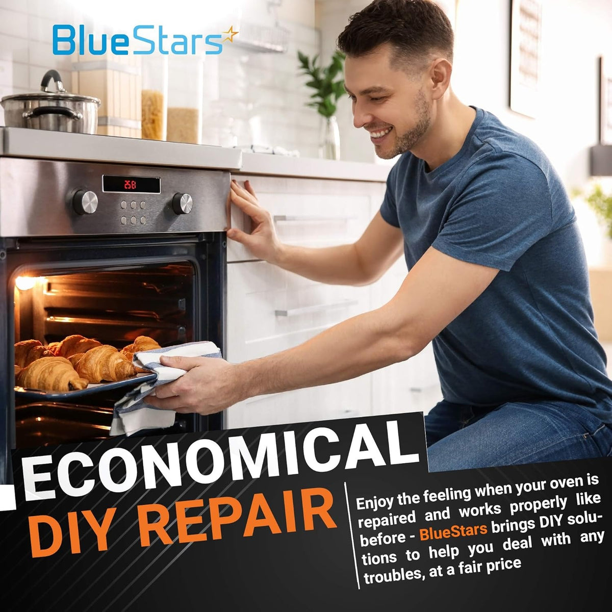 Man using a repaired oven after installing a BlueStars oven temperature sensor replacement part.