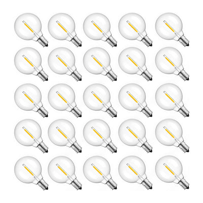 25-pack G40 LED replacement bulbs shatterproof clear plastic warm white with BlueStars box